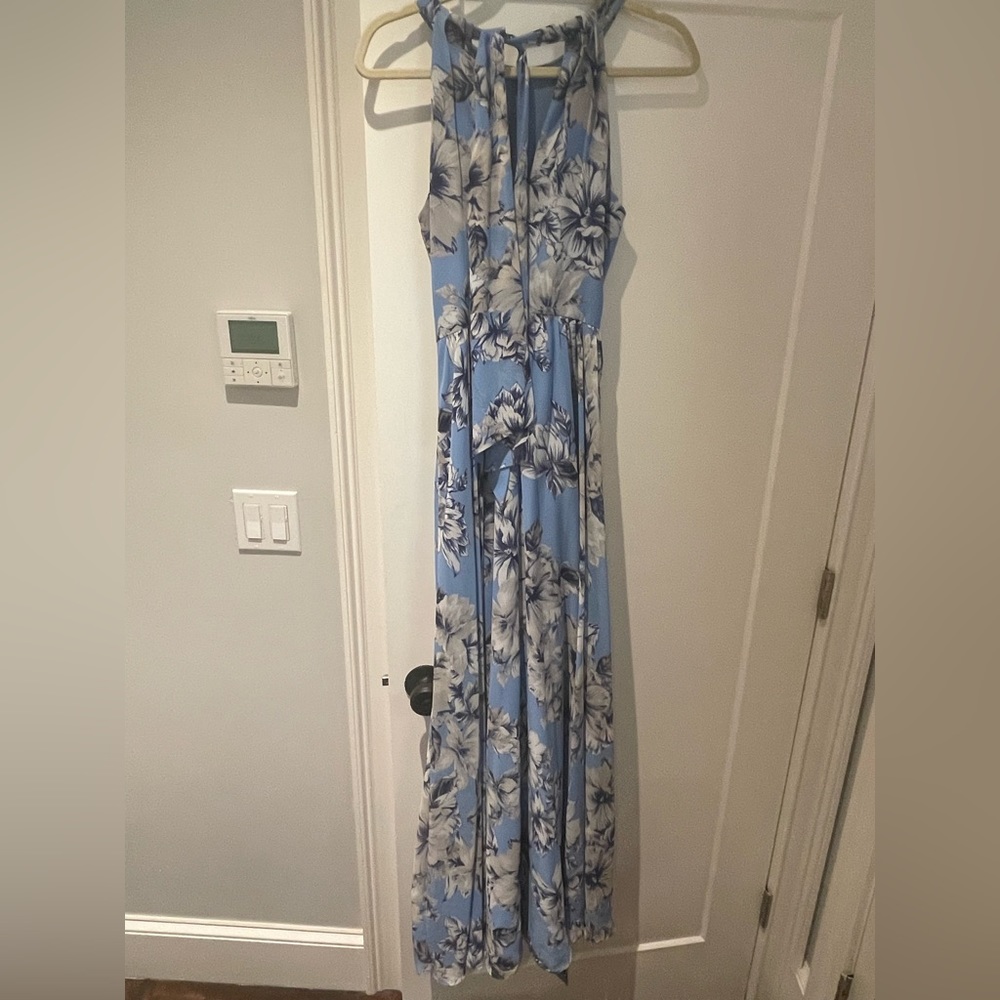 Eliza J Floor Length blue and white dress.